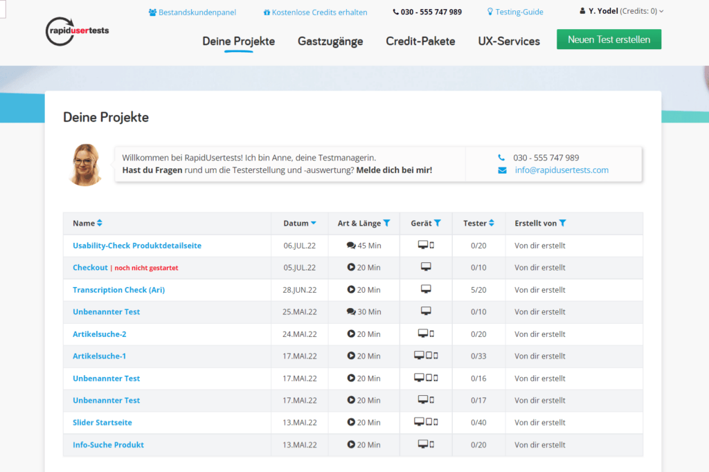 RapidUsertests-Dashboard in dem Content-Tests von ChatGPT-Texten ausgewertet werden können.